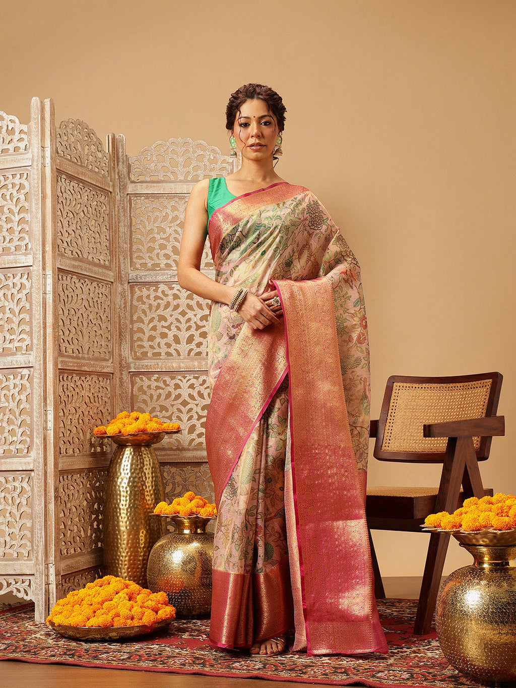 Hiral Fashion Pink Banarasi Muga Silk Pichwai Digital Printed Saree