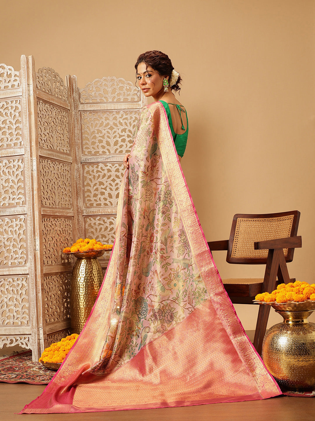 Hiral Fashion Pink Banarasi Muga Silk Pichwai Digital Printed Saree