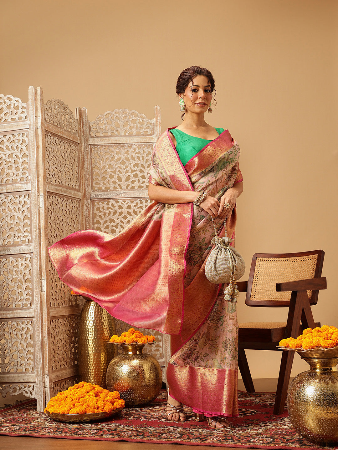 Hiral Fashion Pink Banarasi Muga Silk Pichwai Digital Printed Saree