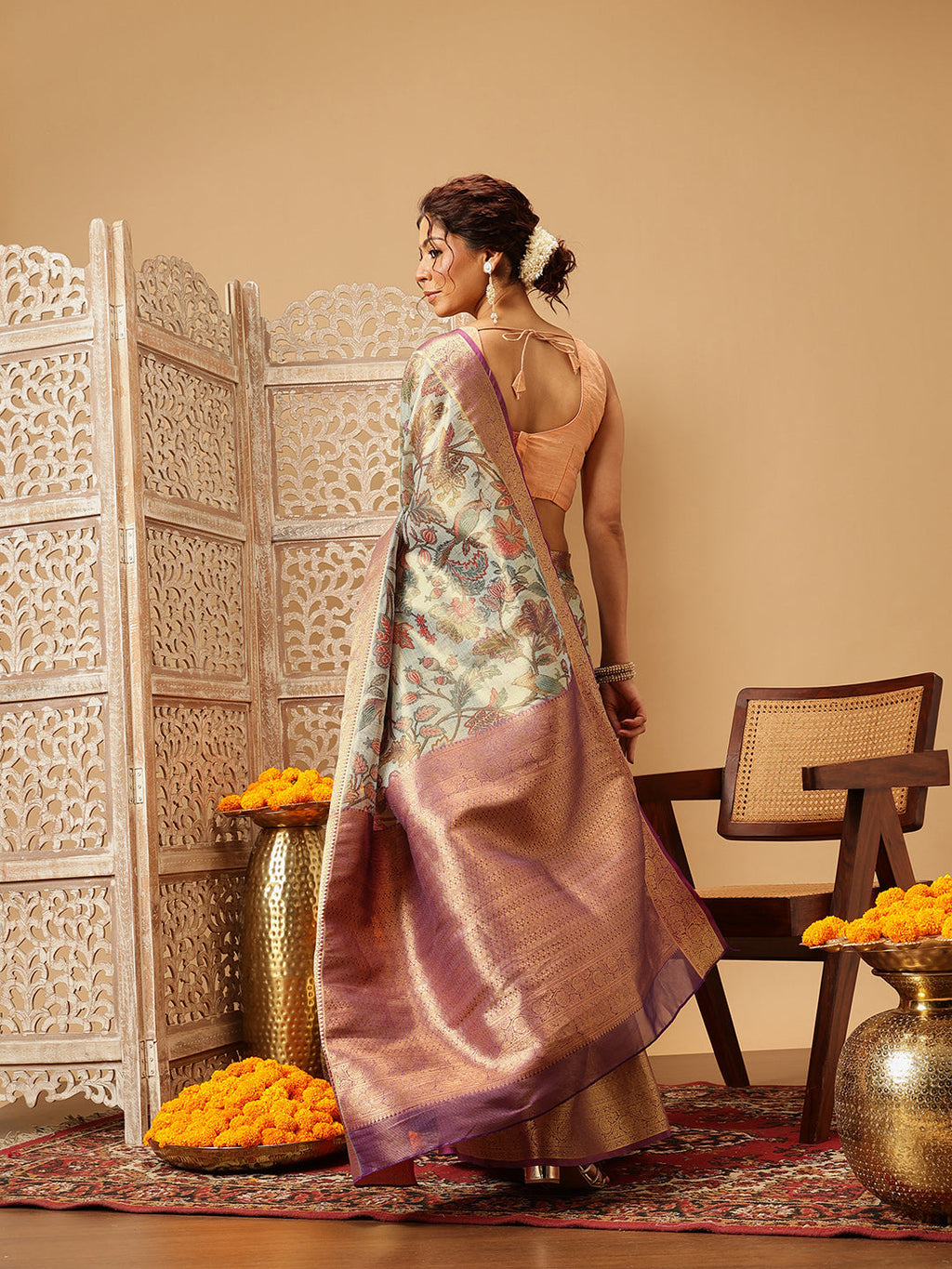 Hiral Fashion Teal Banarasi Muga Silk Pichwai Digital Printed Saree