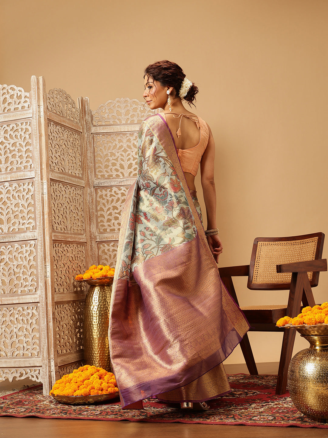 Hiral Fashion Teal Banarasi Muga Silk Pichwai Digital Printed Saree