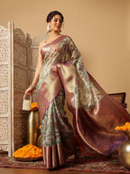 Hiral Fashion Teal Banarasi Muga Silk Pichwai Digital Printed Saree
