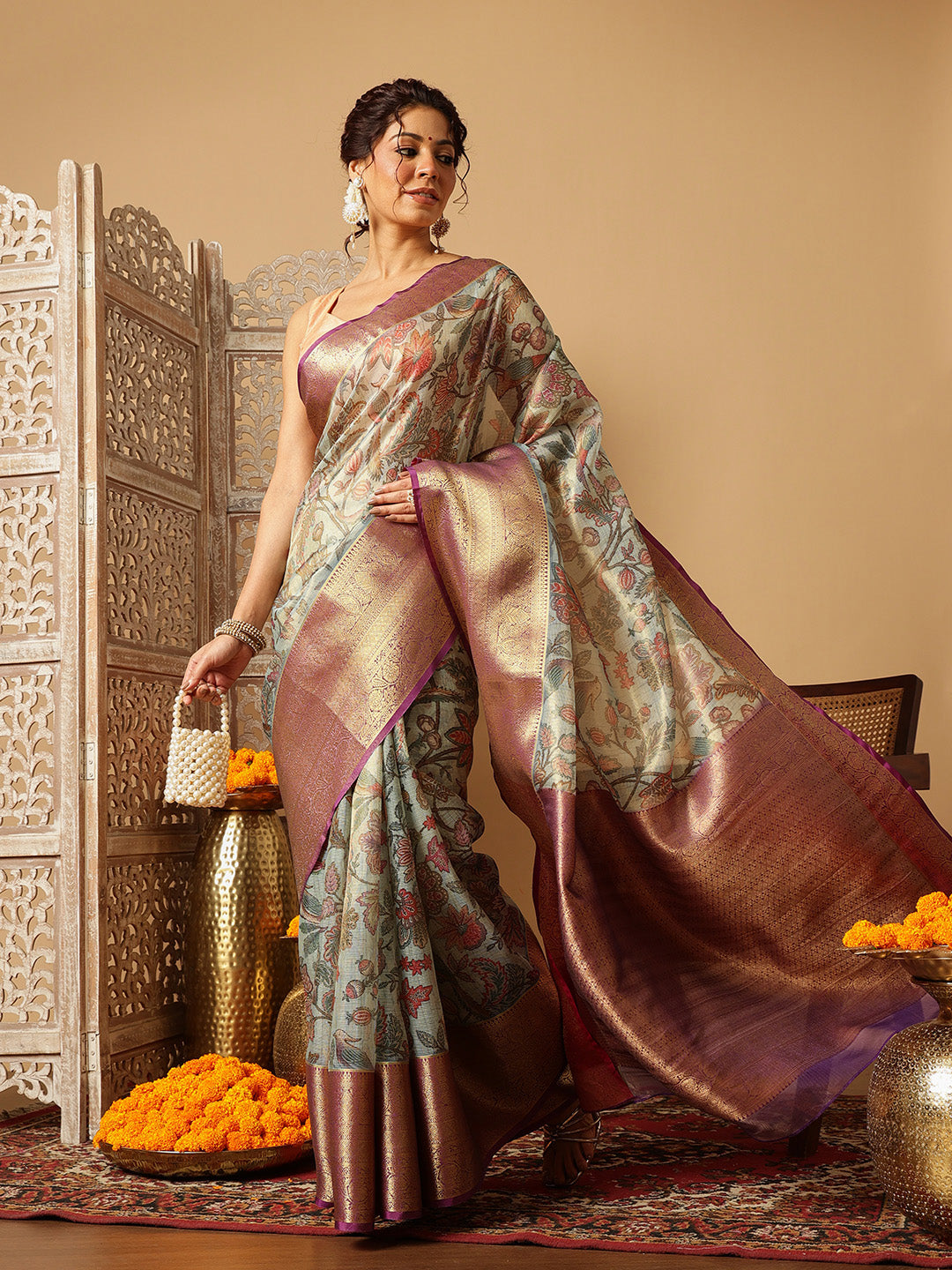 Hiral Fashion Teal Banarasi Muga Silk Pichwai Digital Printed Saree