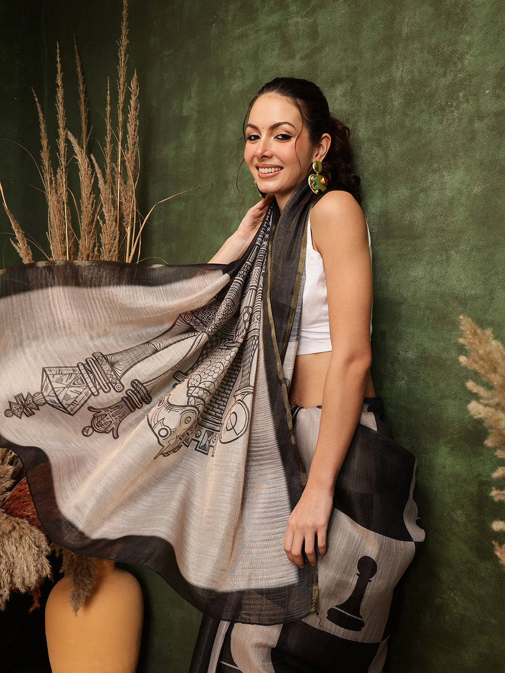 Hiral Fashion Black Chanderi Cotton Blend Abstract Digital Printed Saree