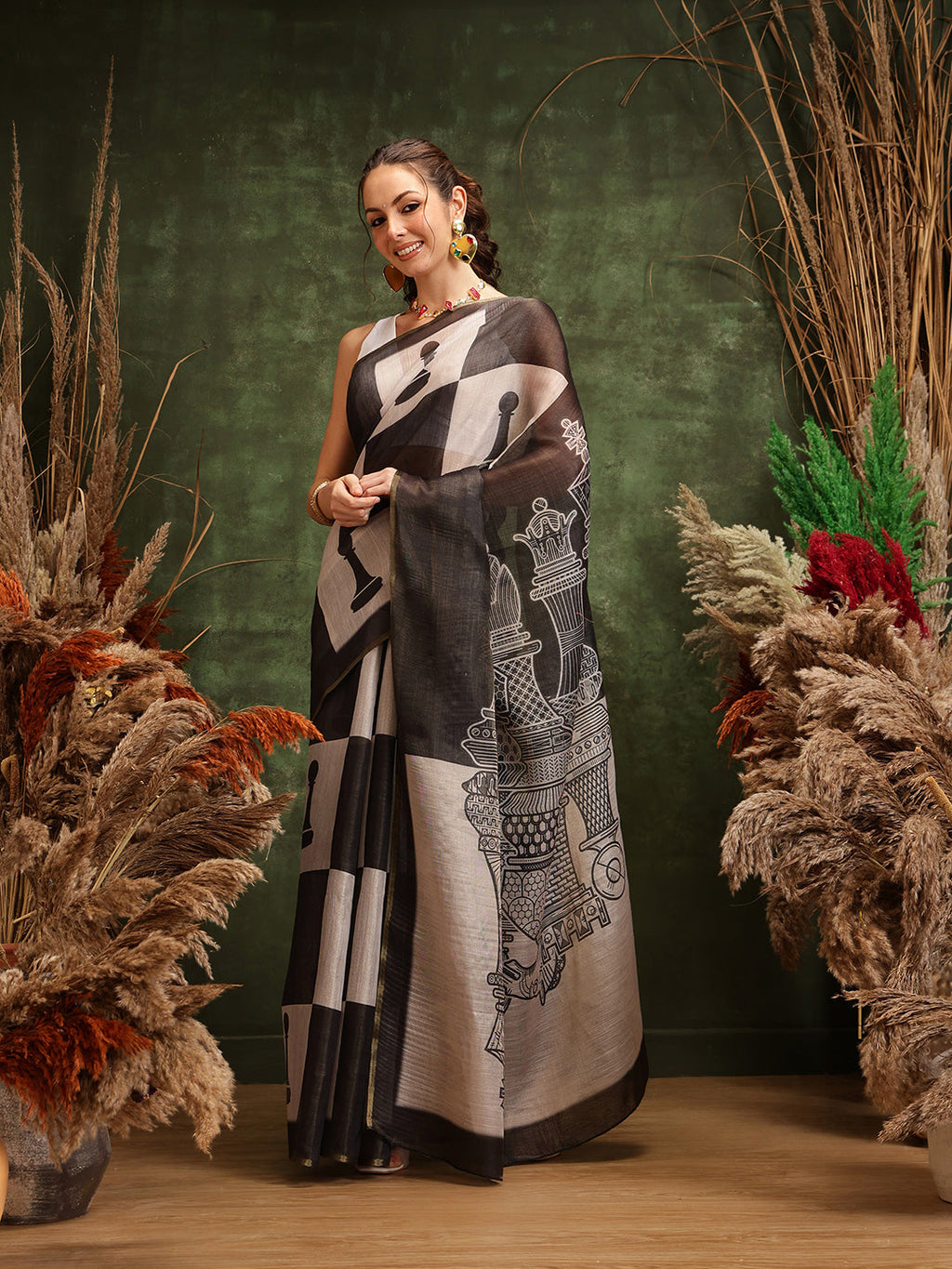 Hiral Fashion Black Chanderi Cotton Blend Abstract Digital Printed Saree