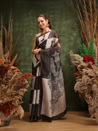 Hiral Fashion Black Chanderi Cotton Blend Abstract Digital Printed Saree