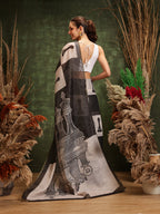 Hiral Fashion Black Chanderi Cotton Blend Abstract Digital Printed Saree