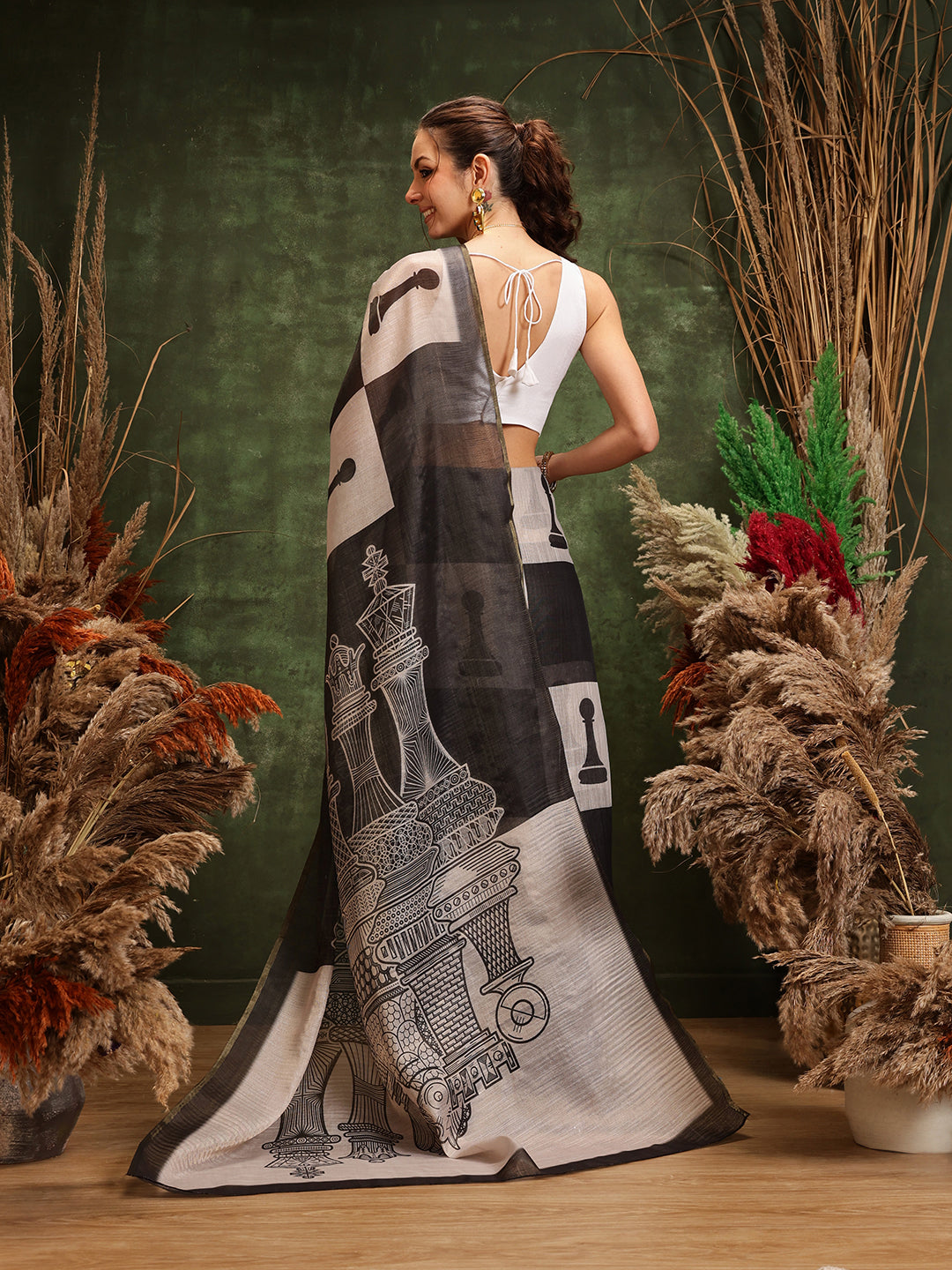 Hiral Fashion Black Chanderi Cotton Blend Abstract Digital Printed Saree