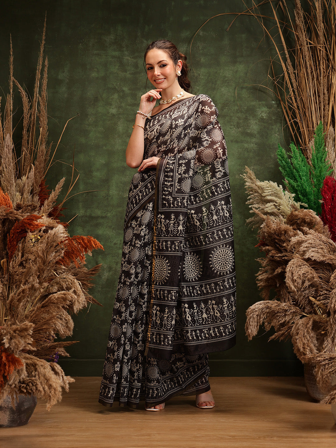 Hiral Fashion Black Chanderi Cotton Blend Abstract Digital Printed Saree