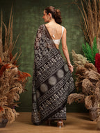 Hiral Fashion Black Chanderi Cotton Blend Abstract Digital Printed Saree