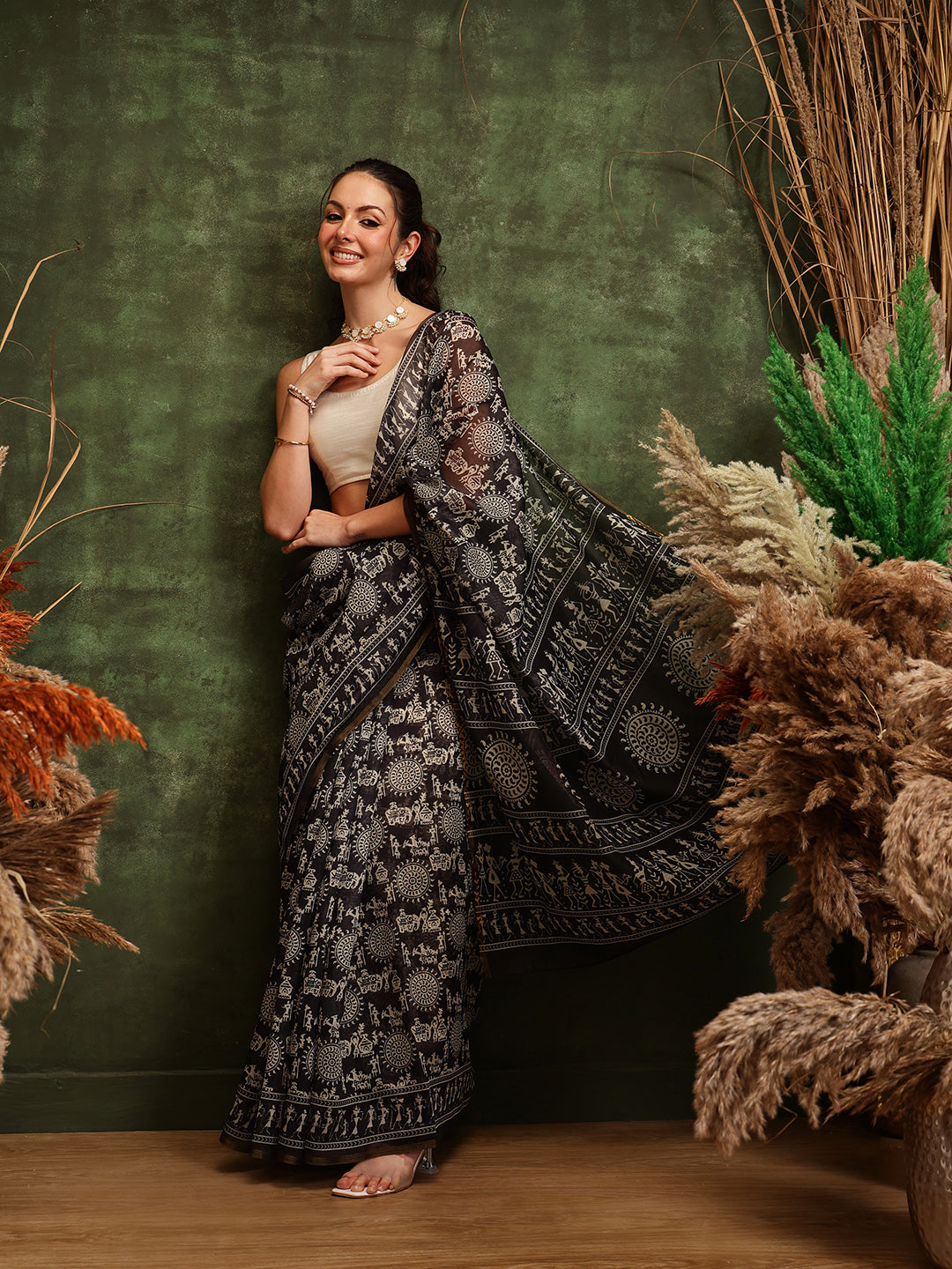 Hiral Fashion Black Chanderi Cotton Blend Abstract Digital Printed Saree