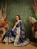 Hiral Fashion Blue Chanderi Cotton Blend Floral Digital Printed Saree