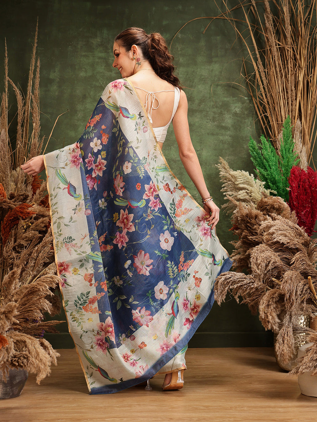 Hiral Fashion Blue Chanderi Cotton Blend Floral Digital Printed Saree