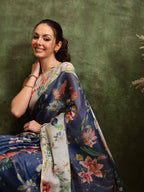 Hiral Fashion Blue Chanderi Cotton Blend Floral Digital Printed Saree