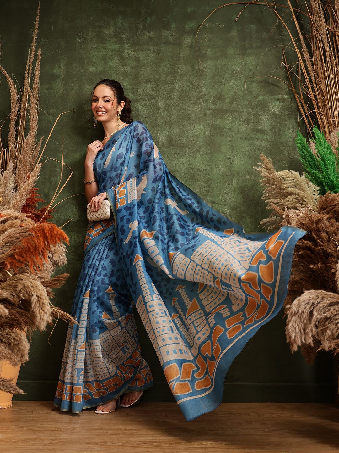 Hiral Fashion Blue Chanderi Cotton Blend Abstract Digital Printed Saree