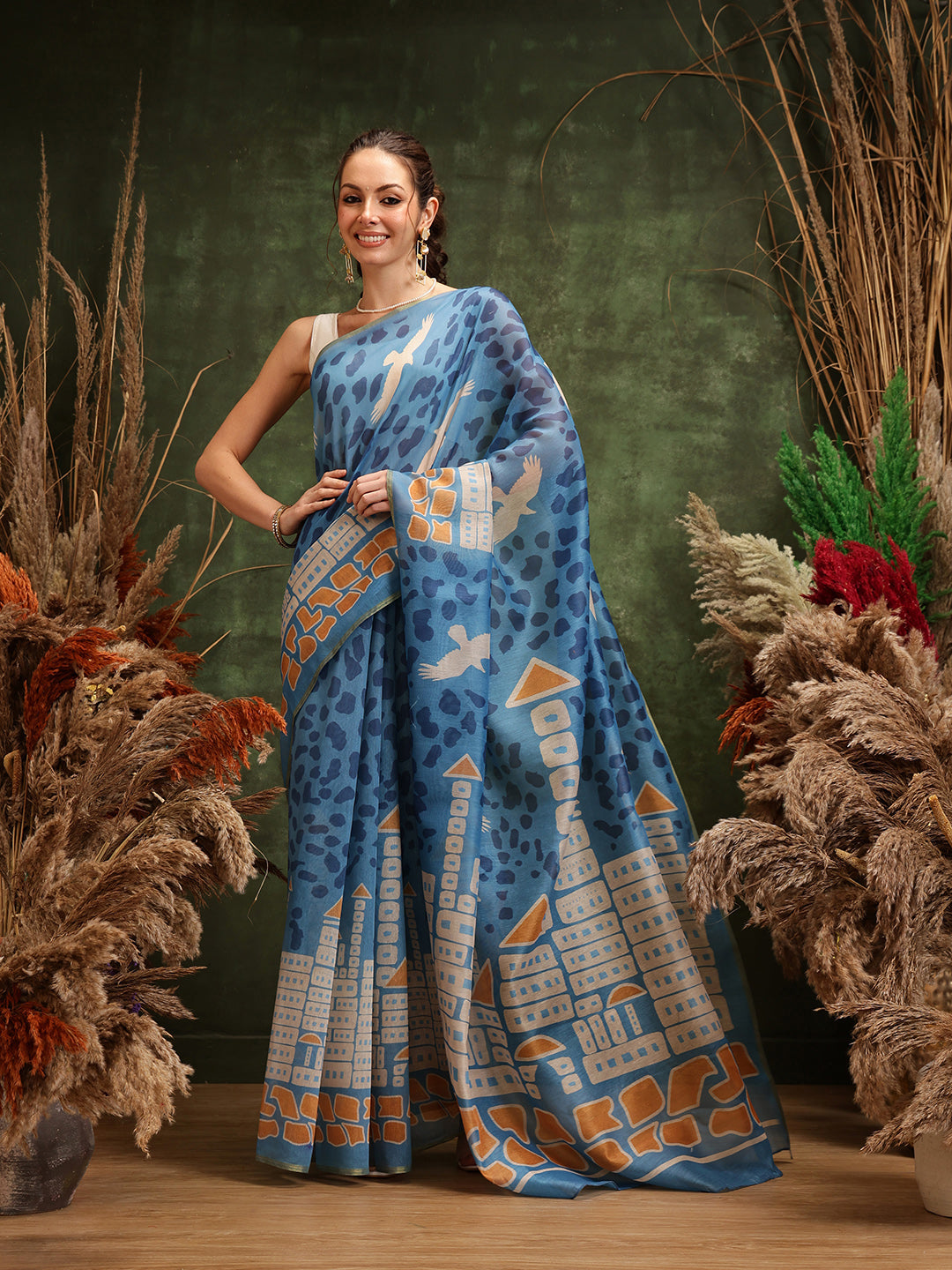Hiral Fashion Blue Chanderi Cotton Blend Abstract Digital Printed Saree