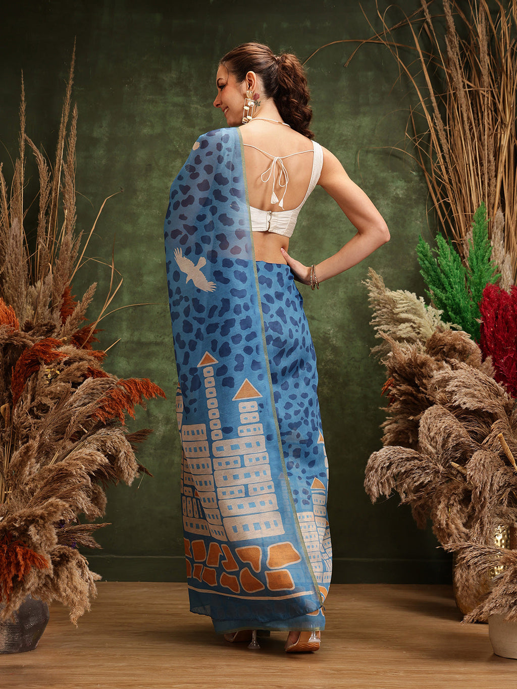 Hiral Fashion Blue Chanderi Cotton Blend Abstract Digital Printed Saree