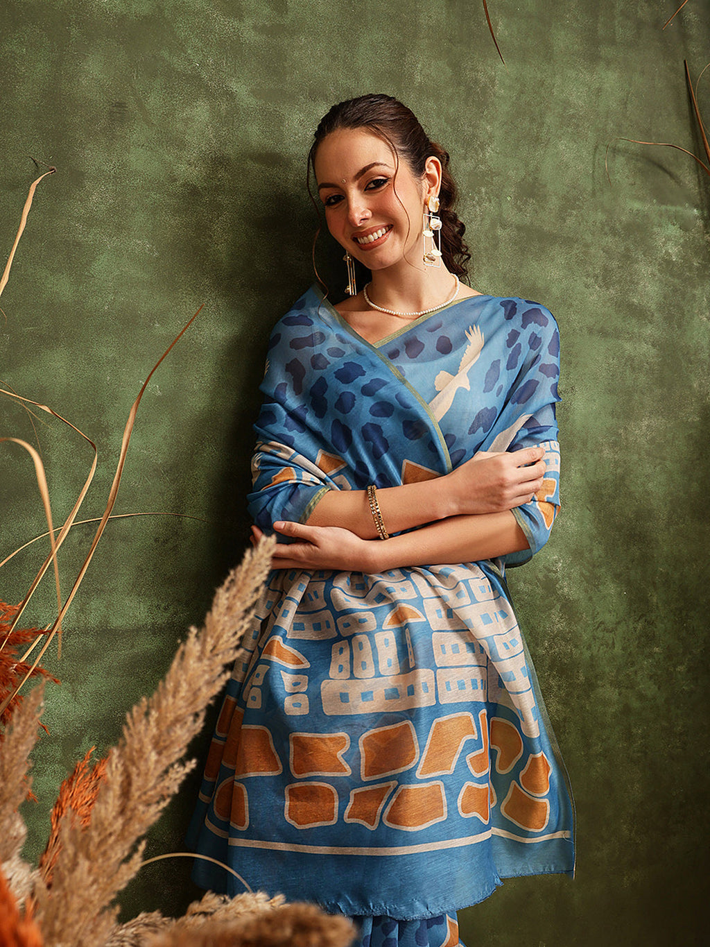 Hiral Fashion Blue Chanderi Cotton Blend Abstract Digital Printed Saree
