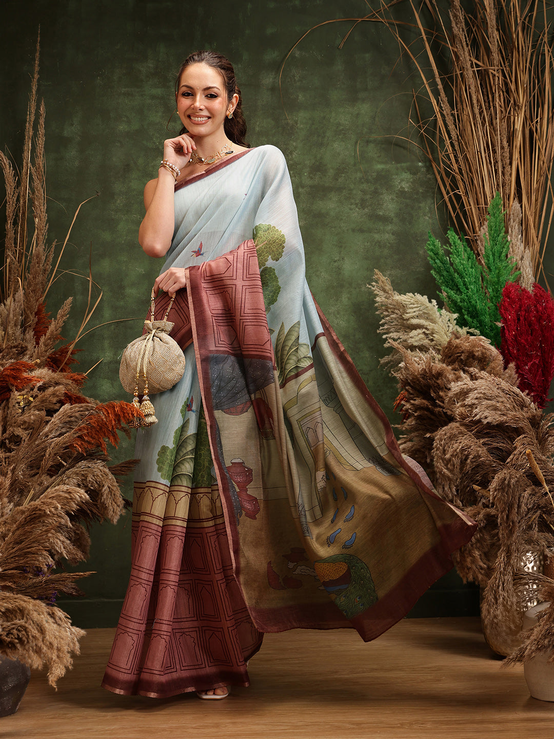 Hiral Fashion Blue Chanderi Cotton Blend Abstract Digital Printed Saree