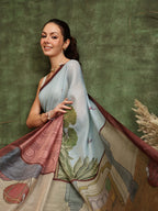 Hiral Fashion Blue Chanderi Cotton Blend Abstract Digital Printed Saree
