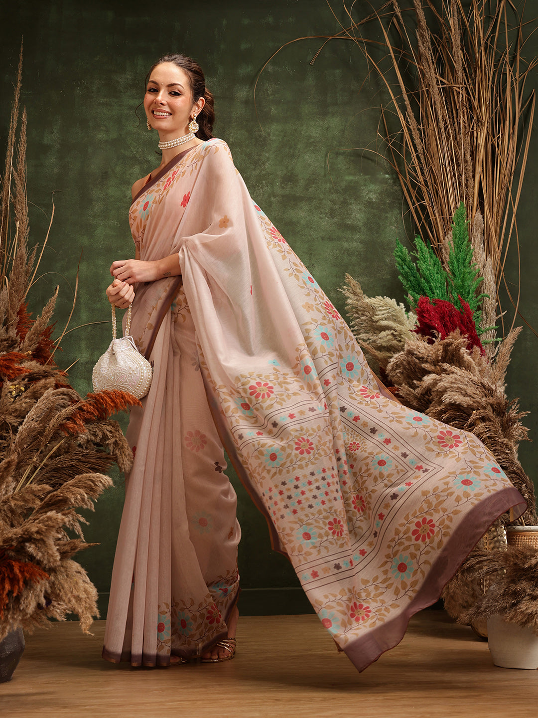 Hiral Fashion Peach Chanderi Cotton Blend Floral Digital Printed Saree