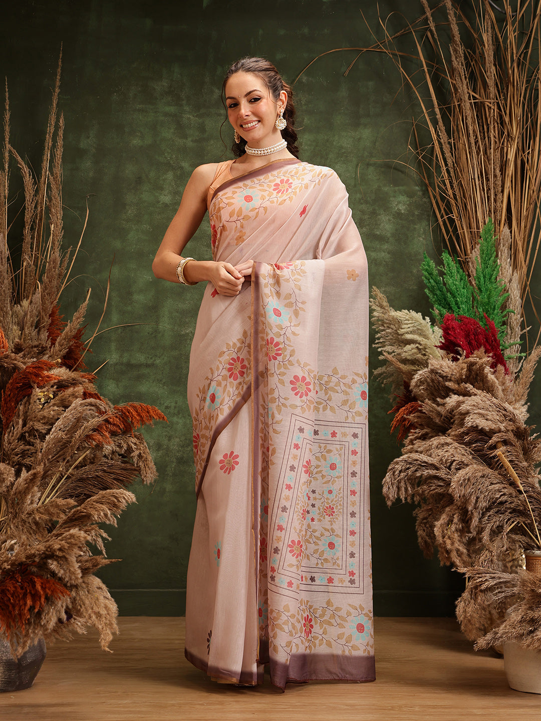 Hiral Fashion Peach Chanderi Cotton Blend Floral Digital Printed Saree