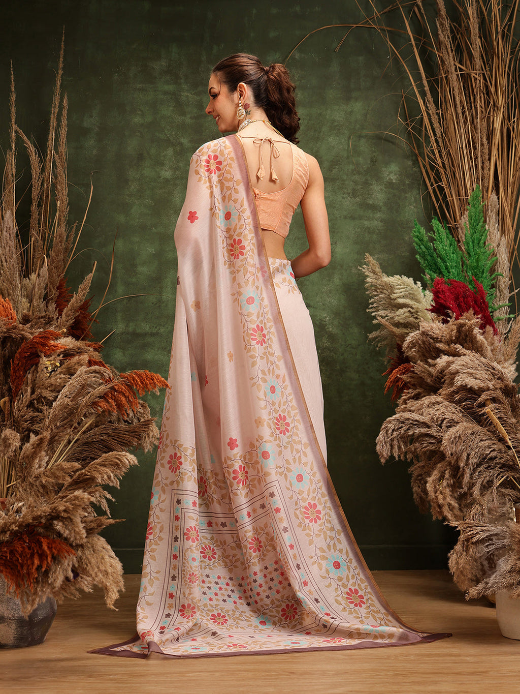 Hiral Fashion Peach Chanderi Cotton Blend Floral Digital Printed Saree