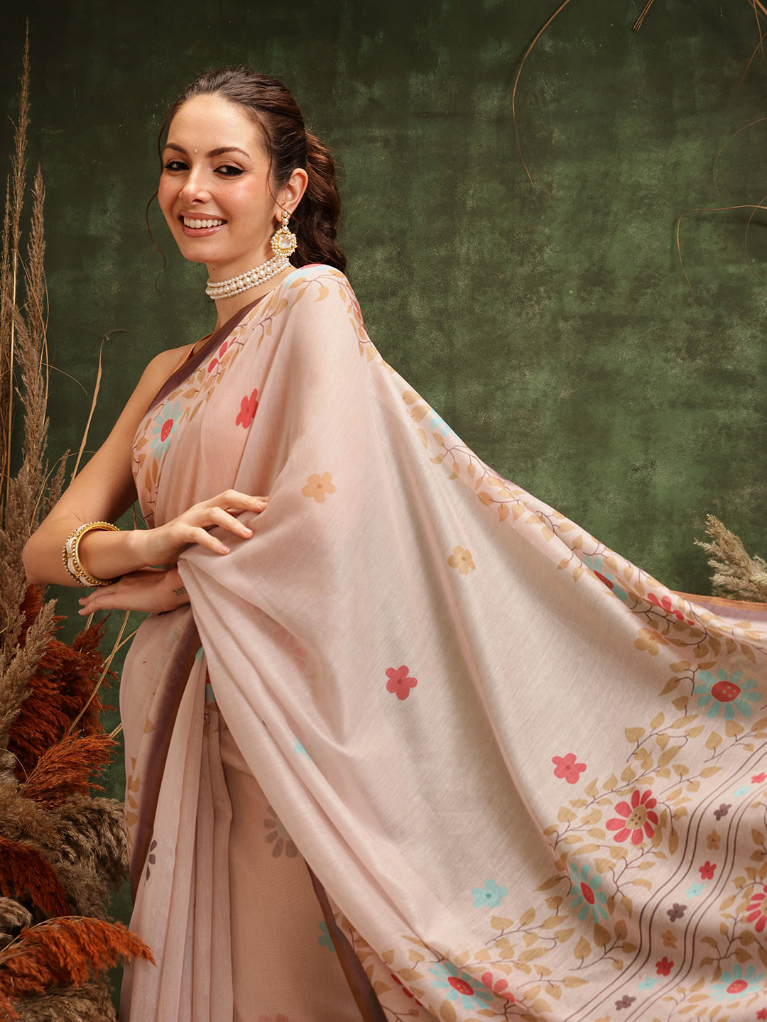 Hiral Fashion Peach Chanderi Cotton Blend Floral Digital Printed Saree