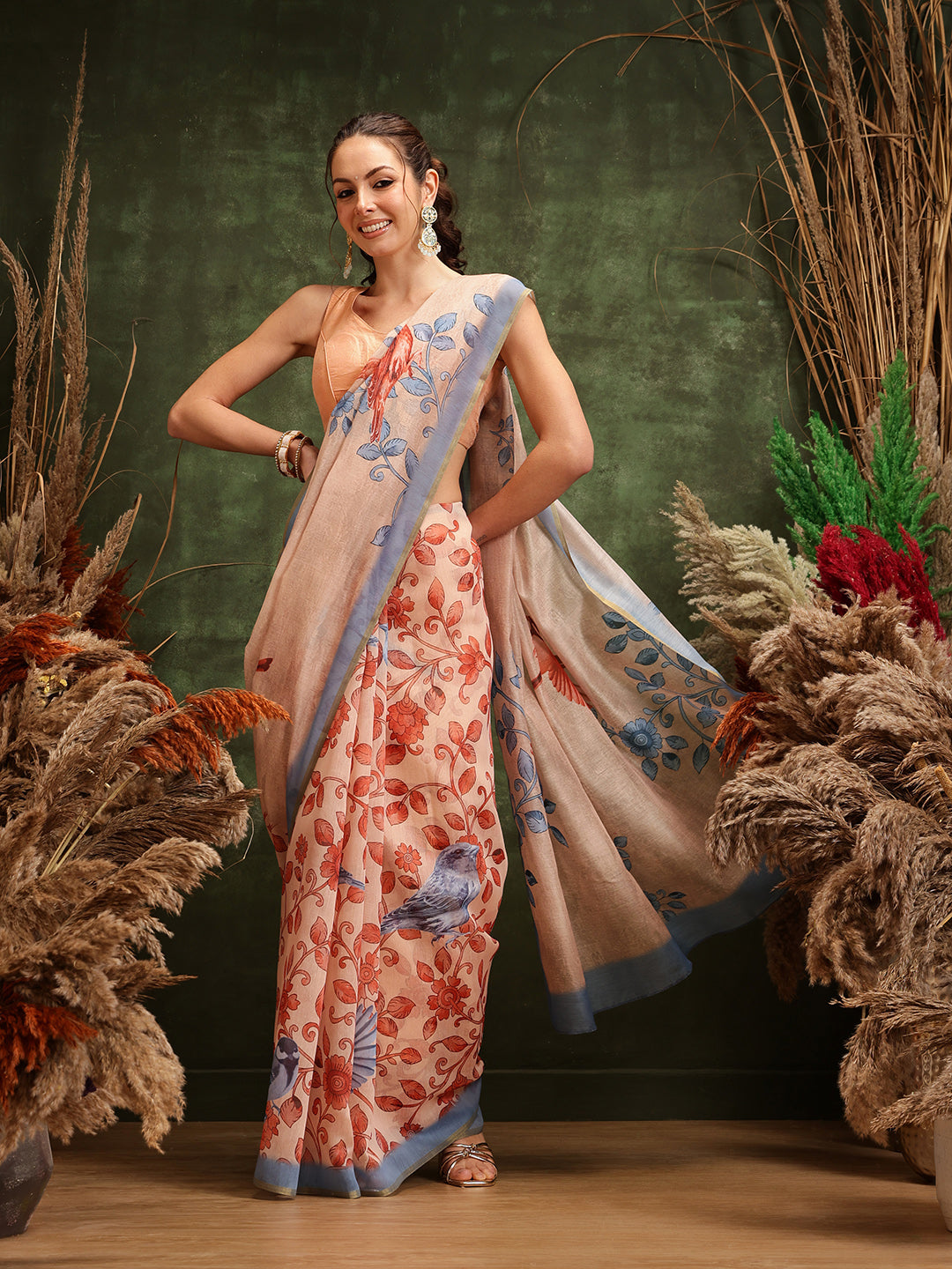 Hiral Fashion Beige Chanderi Cotton Blend Floral Digital Printed Saree