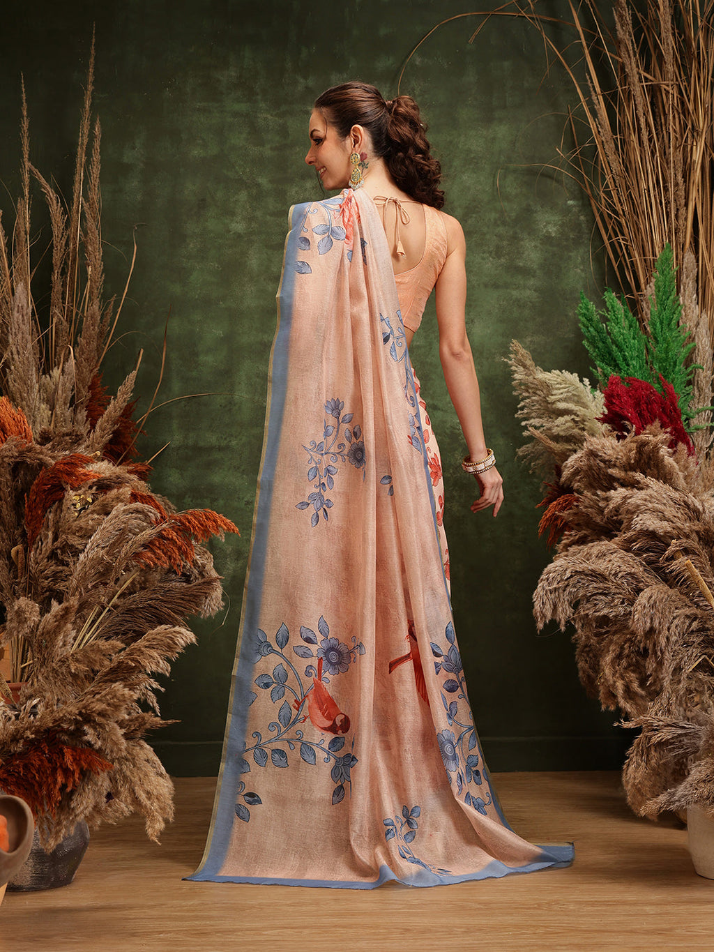 Hiral Fashion Beige Chanderi Cotton Blend Floral Digital Printed Saree