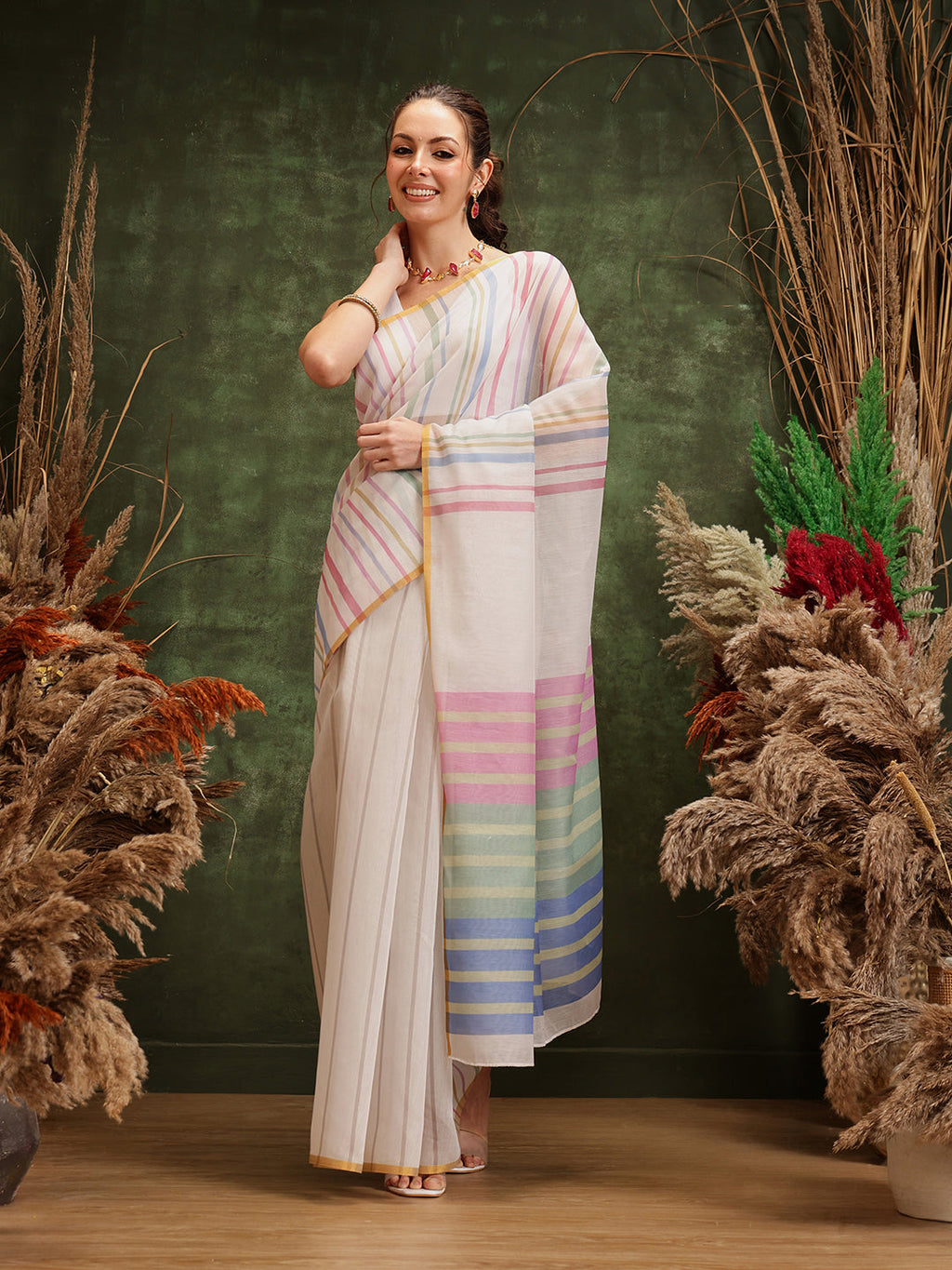 Hiral Fashion White Chanderi Cotton Blend Stripes Digital Printed Saree