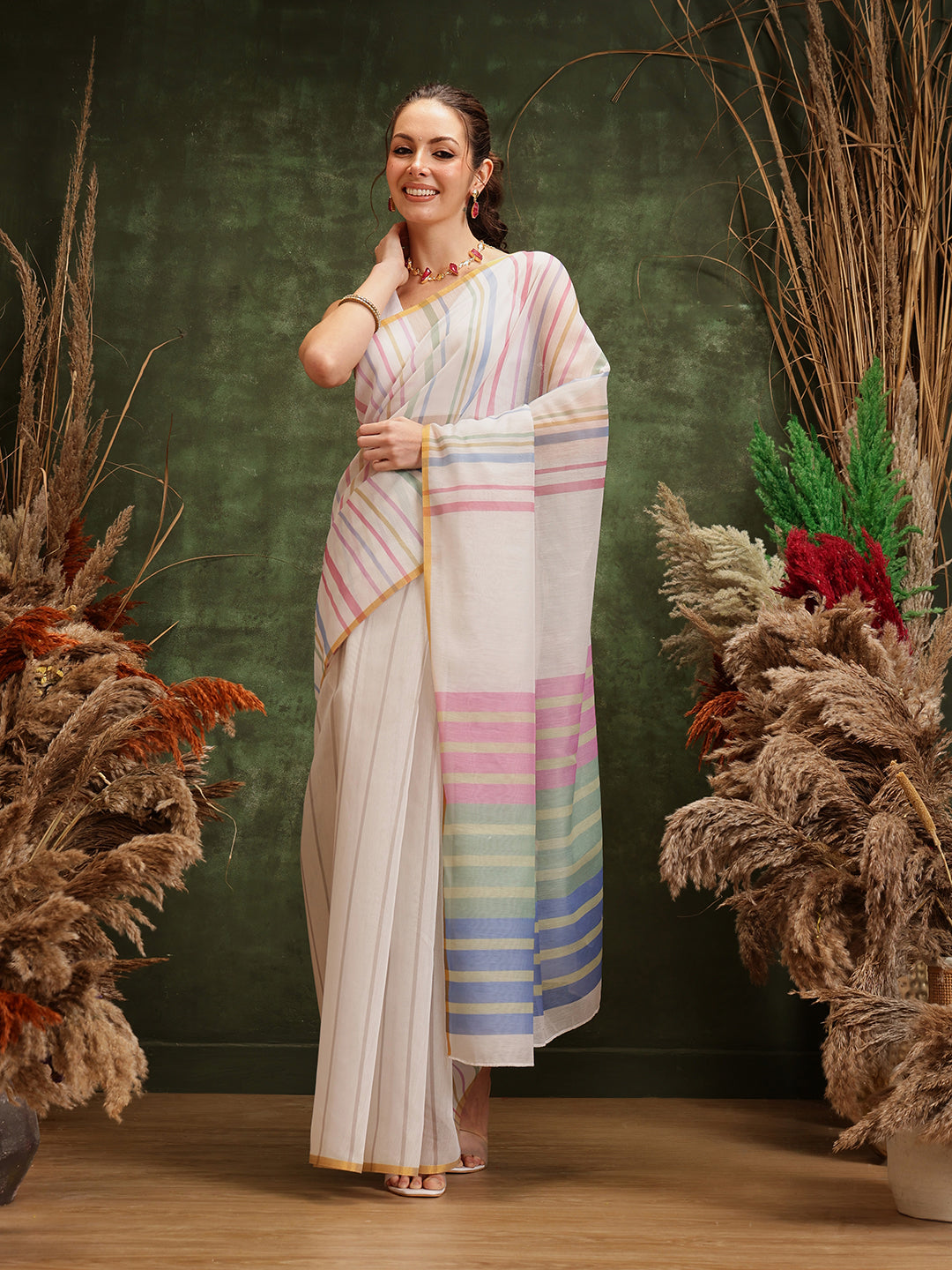 Hiral Fashion White Chanderi Cotton Blend Stripes Digital Printed Saree