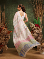 Hiral Fashion White Chanderi Cotton Blend Stripes Digital Printed Saree