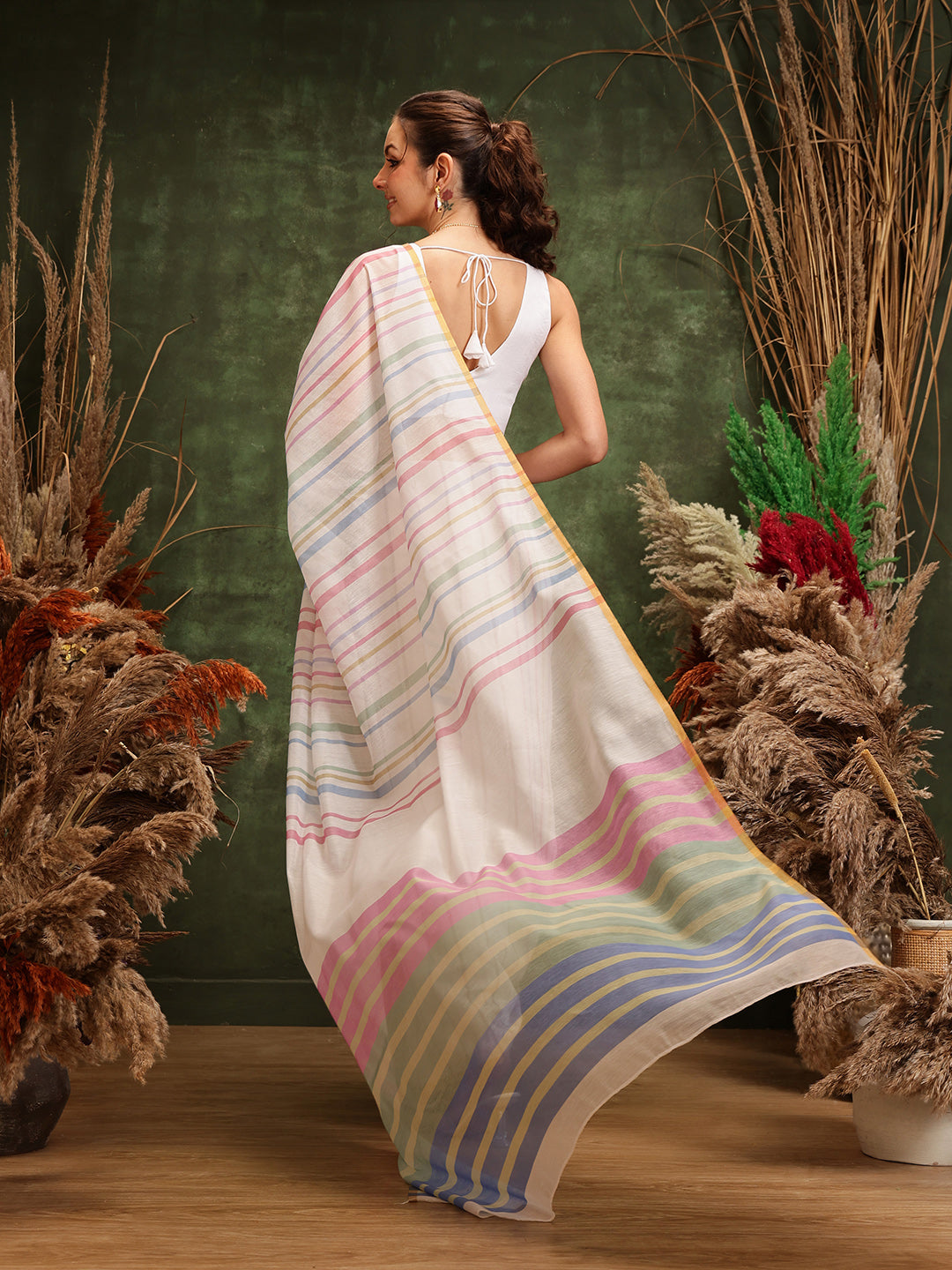 Hiral Fashion White Chanderi Cotton Blend Stripes Digital Printed Saree