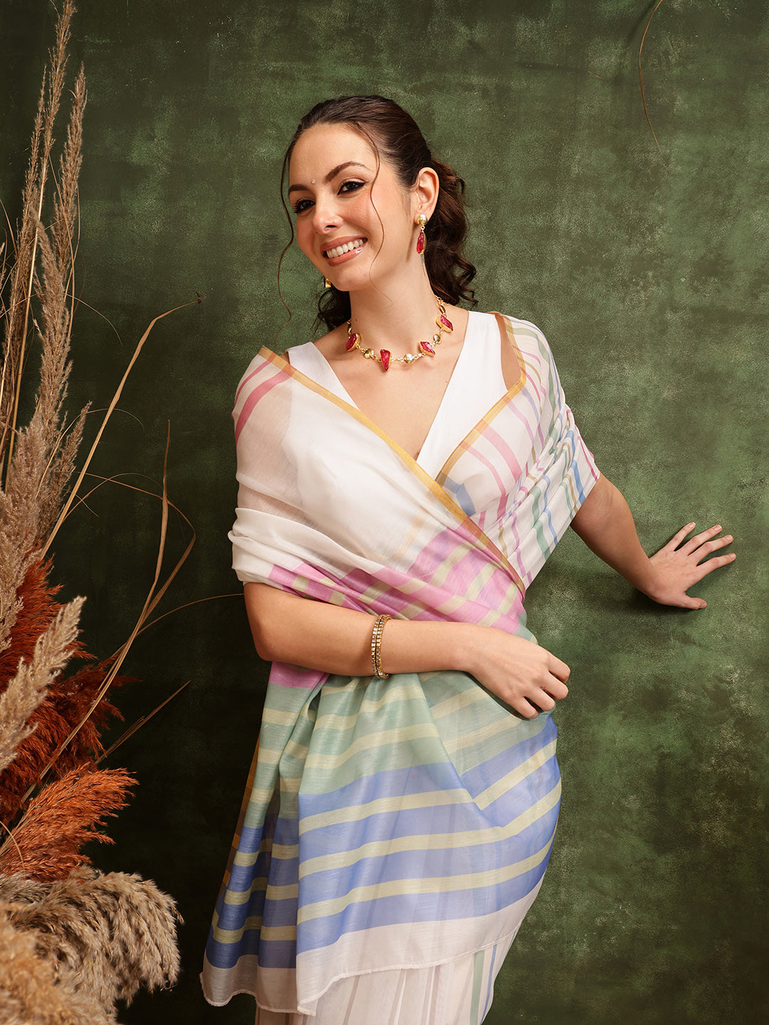 Hiral Fashion White Chanderi Cotton Blend Stripes Digital Printed Saree