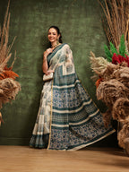 Hiral Fashion Off White Chanderi Cotton Blend Abstract Digital Printed Saree