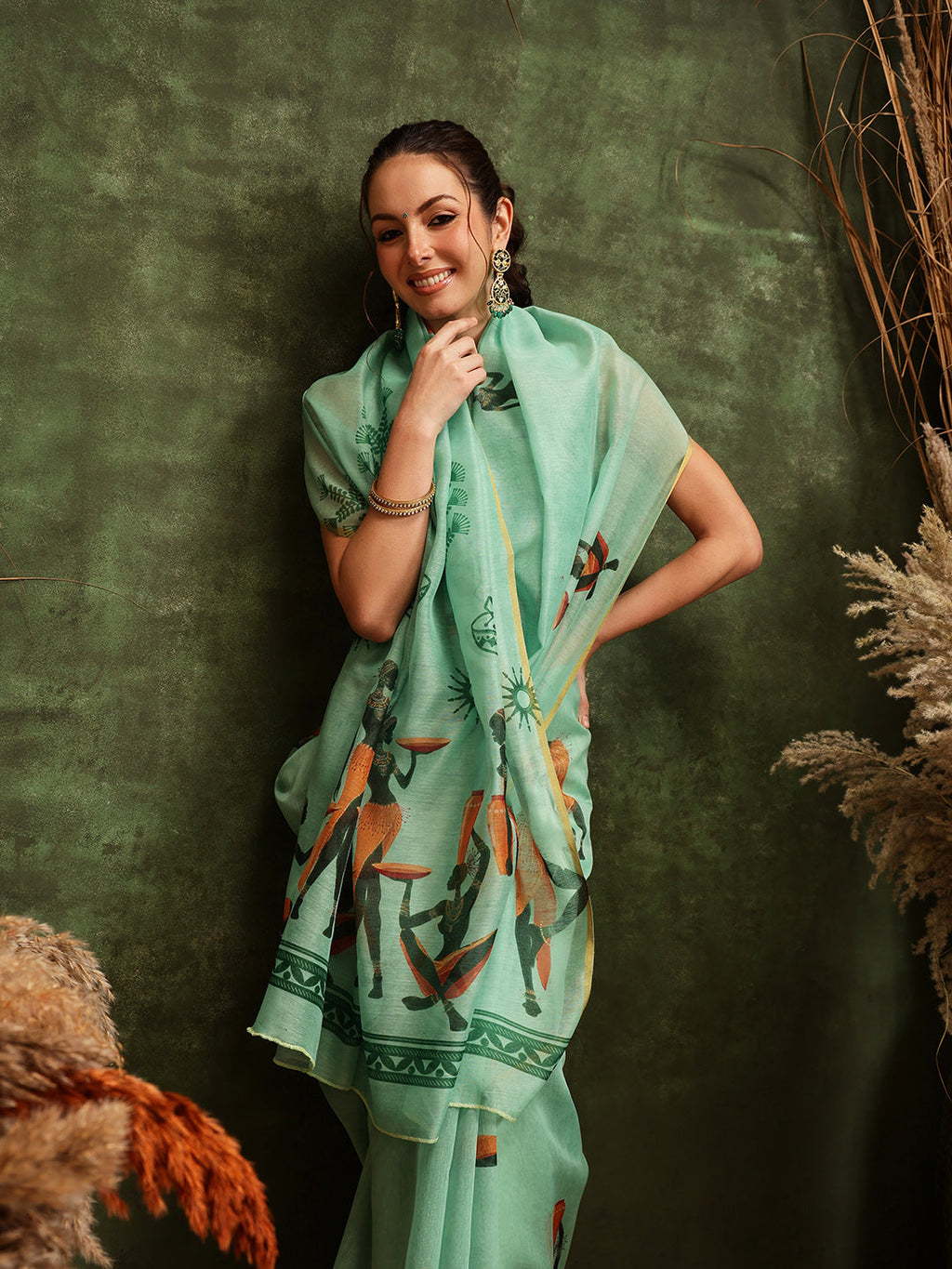 Hiral Fashion Green Chanderi Cotton Blend Abstract Digital Printed Saree