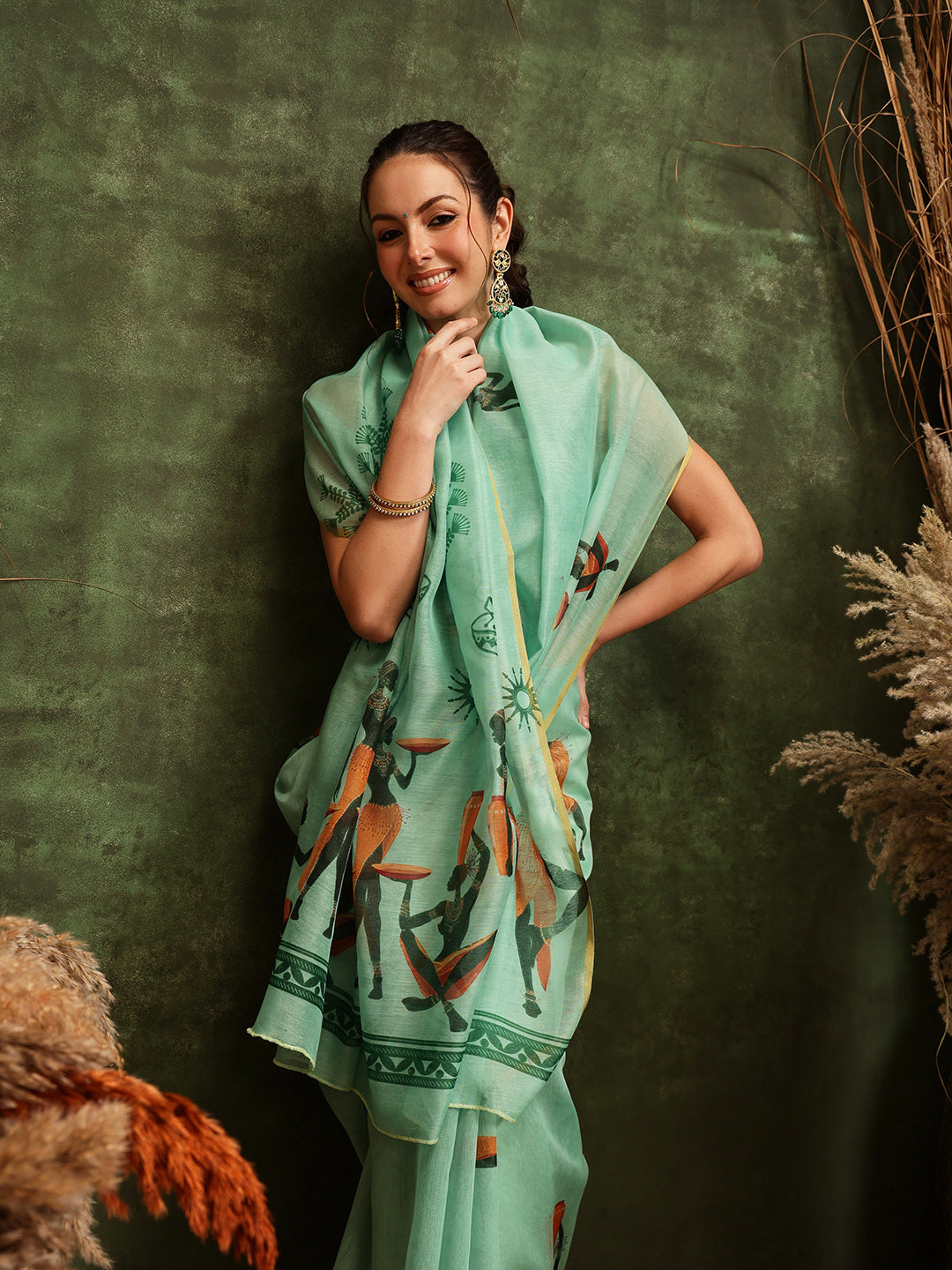 Hiral Fashion Green Chanderi Cotton Blend Abstract Digital Printed Saree