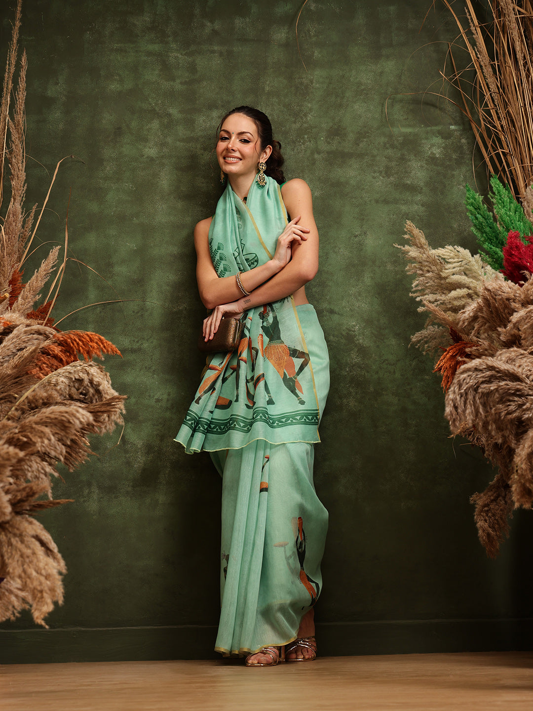 Hiral Fashion Green Chanderi Cotton Blend Abstract Digital Printed Saree