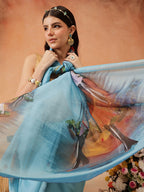 Hiral Fashion Blue Chanderi Cotton Blend Abstract Digital Printed Saree