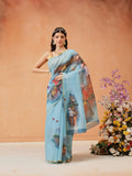 Hiral Fashion Blue Chanderi Cotton Blend Abstract Digital Printed Saree