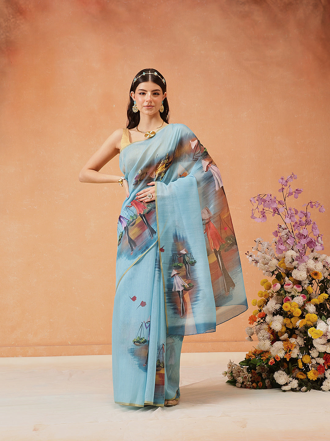 Hiral Fashion Blue Chanderi Cotton Blend Abstract Digital Printed Saree
