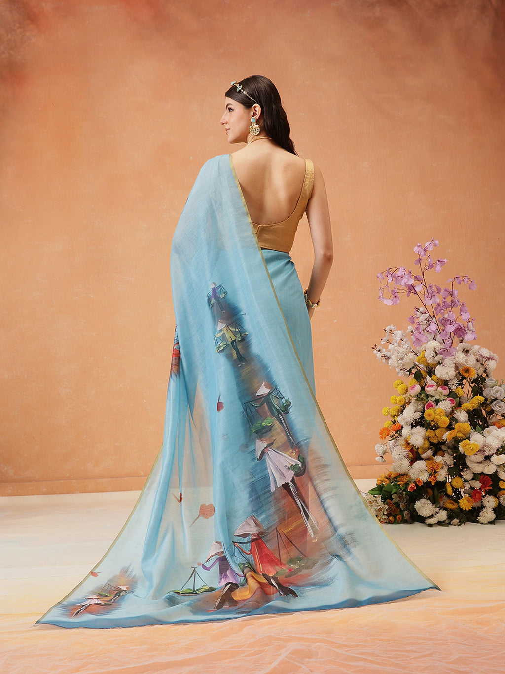 Hiral Fashion Blue Chanderi Cotton Blend Abstract Digital Printed Saree