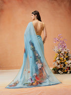 Hiral Fashion Blue Chanderi Cotton Blend Abstract Digital Printed Saree