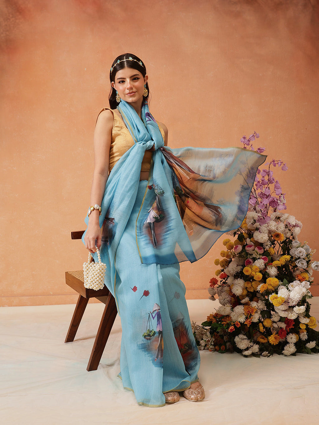 Hiral Fashion Blue Chanderi Cotton Blend Abstract Digital Printed Saree