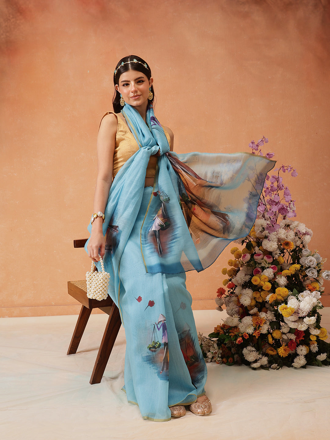 Hiral Fashion Blue Chanderi Cotton Blend Abstract Digital Printed Saree