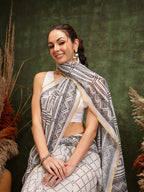Hiral Fashion White Chanderi Cotton Blend Floral Digital Printed Saree