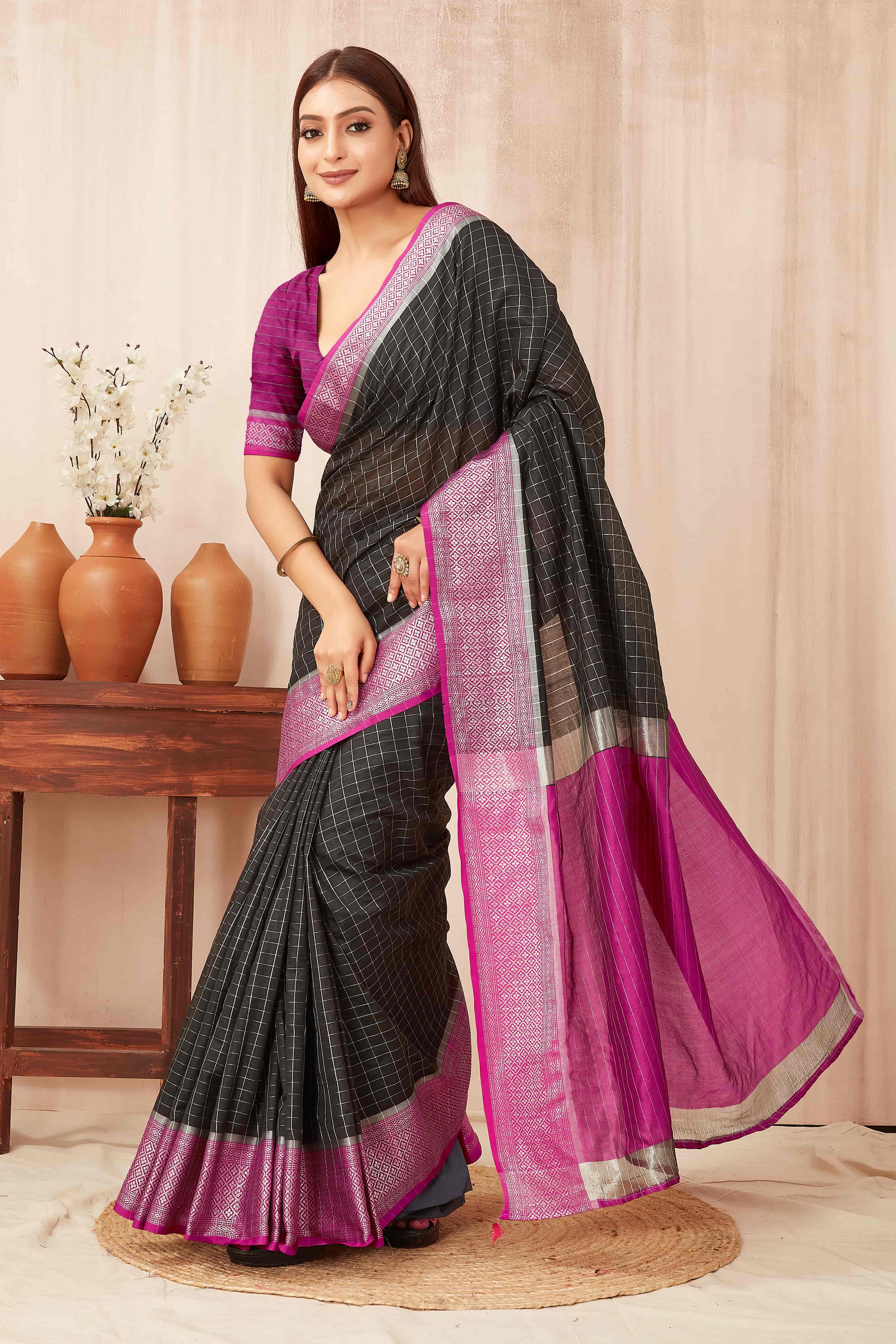 Hiral Fashion Black Banarasi Soft Silk Checks Zari Woven Saree
