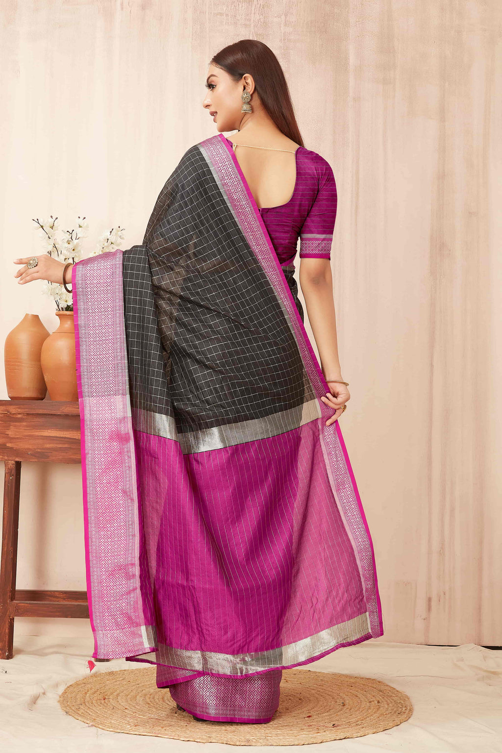 Hiral Fashion Black Banarasi Soft Silk Checks Zari Woven Saree