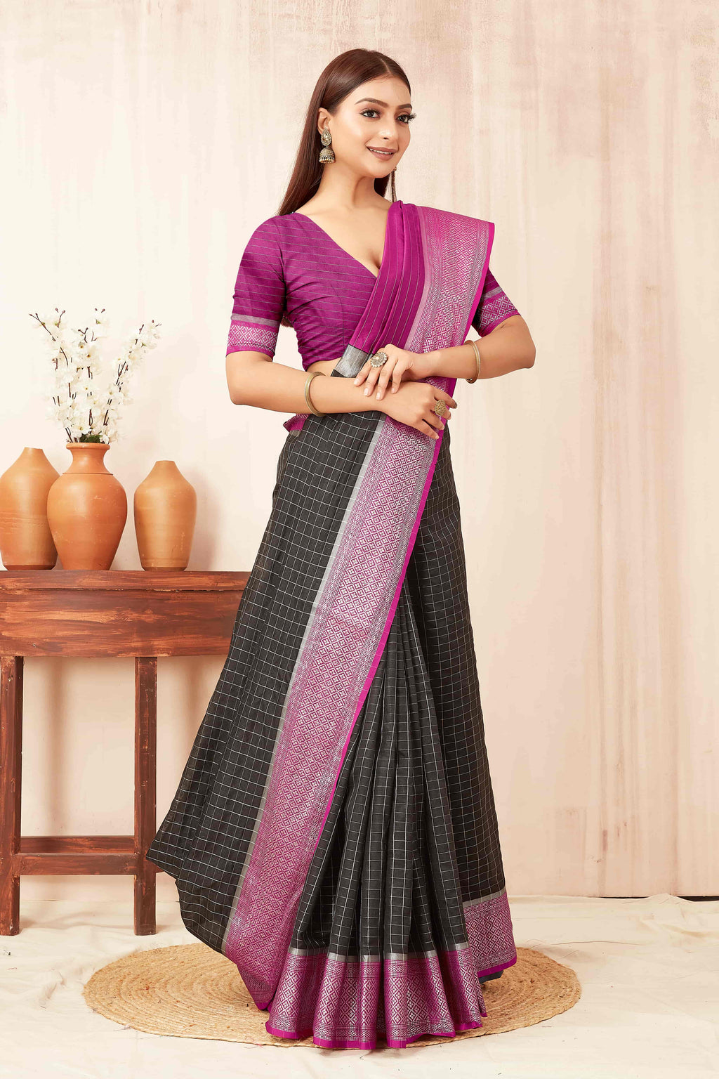 Hiral Fashion Black Banarasi Soft Silk Checks Zari Woven Saree